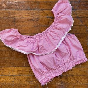 Red & White Tassled Off-The-Shoulder Crop Top